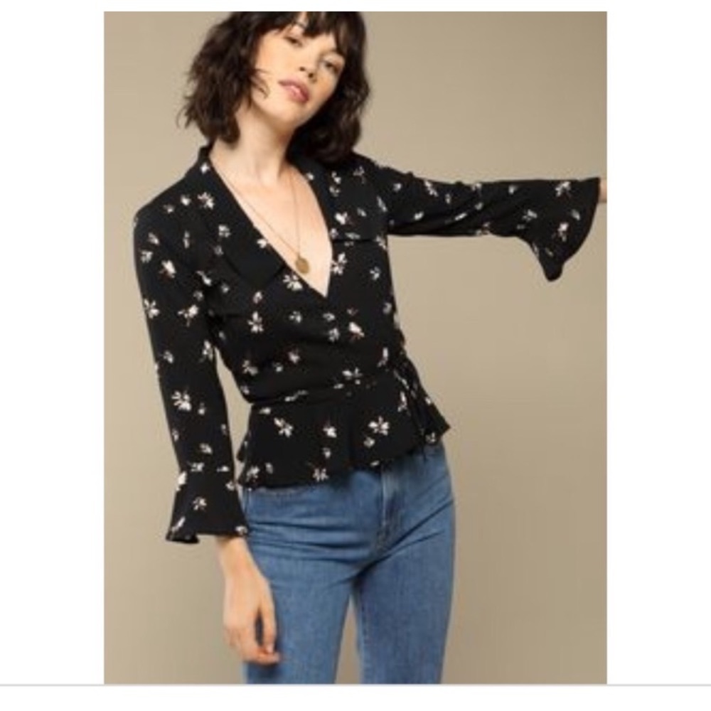 ROUJE Paris Yves Wrap Blouse Top French Floral Women’s size 38 in Dark Navy Blue